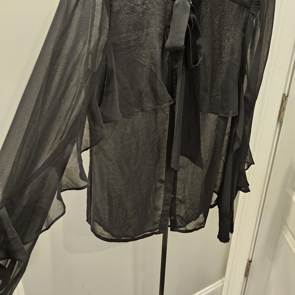 MM Couture By Miss Me Black Sheer Button Up Blouse With Tie Neck - Picture 3 of 5